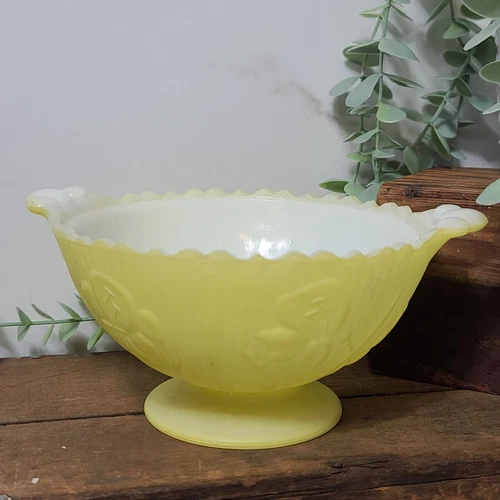 Vintage Yellow Milk Glass Embossed Floral Pedestal Candy Compote Dish Bowl