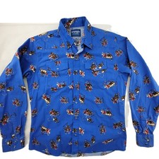Vintage Youth Wrangler Western Shirt Pearl Snap Cowboy Horse Roping Print Blue