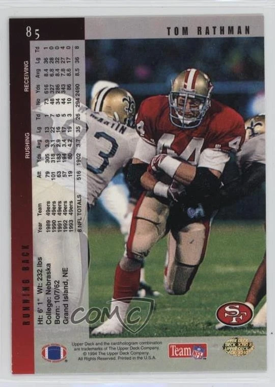 1994 Upper Deck Electric Gold Tom Rathman #85 - Image 2 of 2