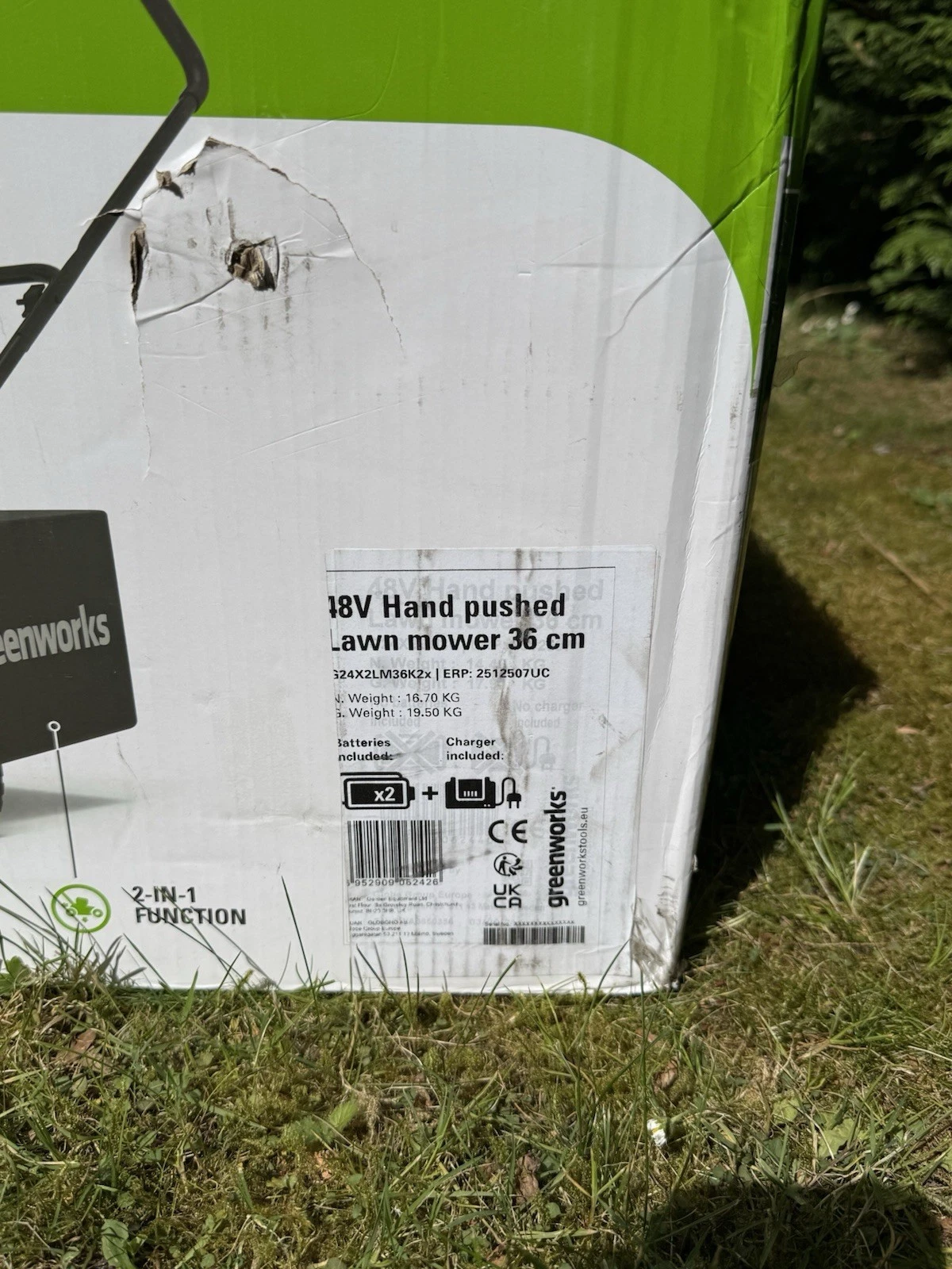 Greenworks 48V Lawn Mower 36cm With 2x 2Ah 24V Batteries & Charger - New 2