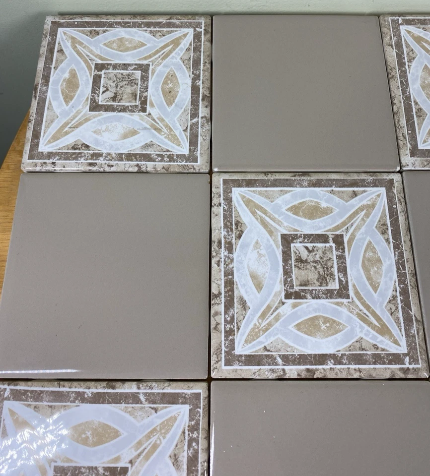 Lot Of 20 Brown Taupe White Solid & Geometric Ceramic Tiles 4"x4" - Image 2 of 4