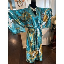 Vintage Teal Satin Kimono Tiger  Dragon Japanese Rare Kanji Tag Boho Grunge 