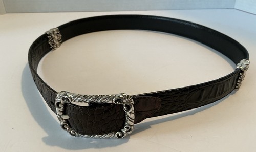 BRIGHTON Alligator LEATHER BELT Silverplate Buckle Reversible Brown Black S26