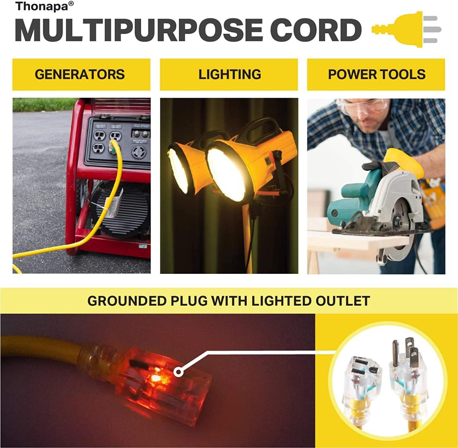 Lighted Outdoor Extension Cord 75 Ft - 12 Gauge 15 Amp Heavy Duty Power Extensio