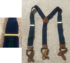 Vintage CAS Germany Mens Striped Suspenders Button Tab Hunter Green Navy Leather