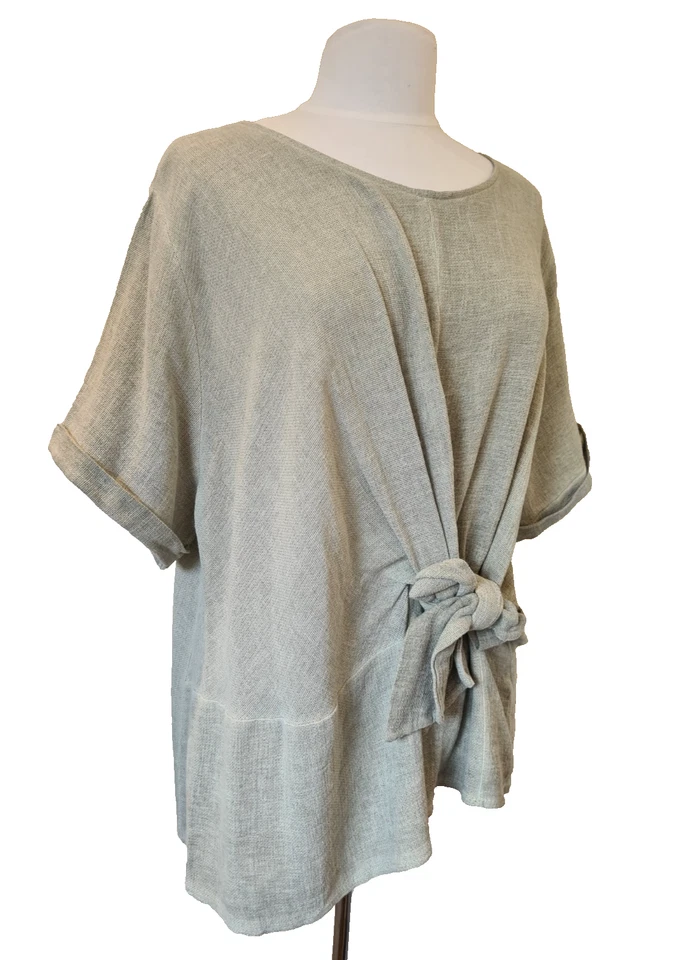 Italian Washed Linen Top Lagenlook Tunic Front Tie khaki green One Size UK 10-16 - Image 4 of 4