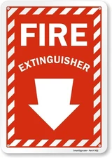 10 x 7 inch Fire Extinguisher Sign, Down Arrow, 55 mil HDPE Plastic, Red/White