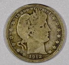 1912-P "Liberty Head" Barber Quarter Dollar Coin, Very Good