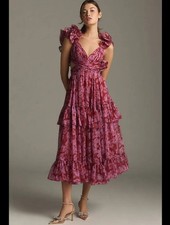 Romantic Rose-Pink Floral Midi Dress with Ruffled Shoulders Mac Duggal 68644