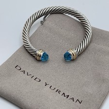 David Sterling Silver 7mm Blue Topaz and 14K Gold Cable Cuff Bracelet