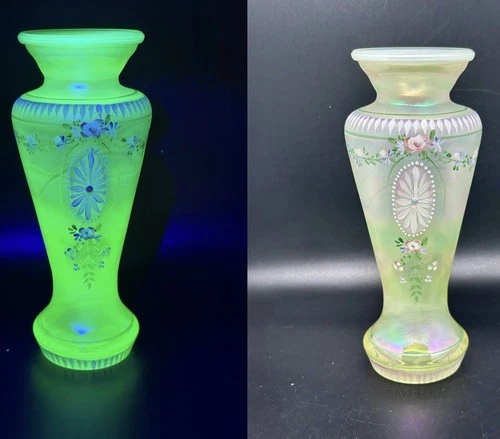 Fenton Topaz Satin Opal 8" Vase HP by D.Hanlon #489/850  2001 🌟GLOW🌟 Uranium