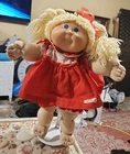 Cabbage Patch Kid Girl Doll #3 Lemon Blonde Head Hair Braided Blue Eyes Red Dres