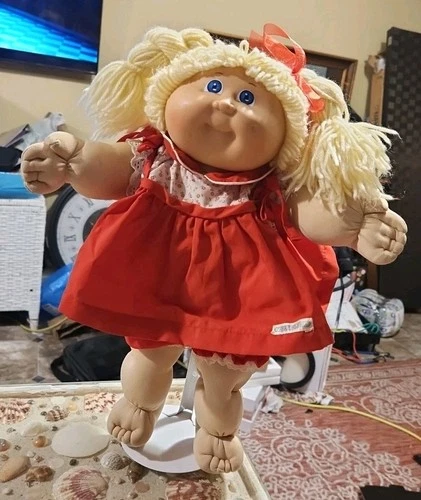 Cabbage Patch Kid Girl Doll #3 Lemon Blonde Head Hair Braided Blue Eyes Red Dres
