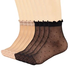 12 Pairs Women's Sheer Ruffled Socks Frilly Ankle High Nude Nylon Dot