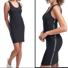 Calvin Klein Jeans NWOT Black Ribbed Graphic Bodycon Tank Dress | Sz M