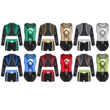 Girls Gymnastics Bodysuit with Shorts and Open Front Jacket Jazz Dance Sports