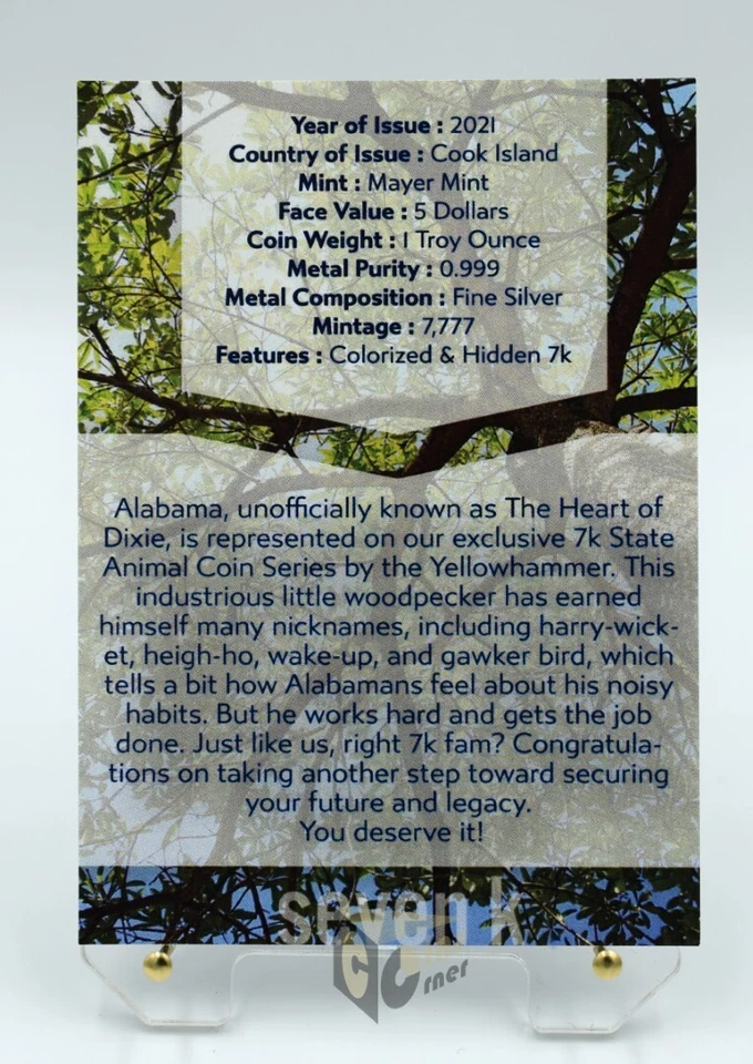 Isole Cook 2021 - Alabama Yellowhammer American State Animals 1 oz NGC MS70 - Immagine 4 di 4