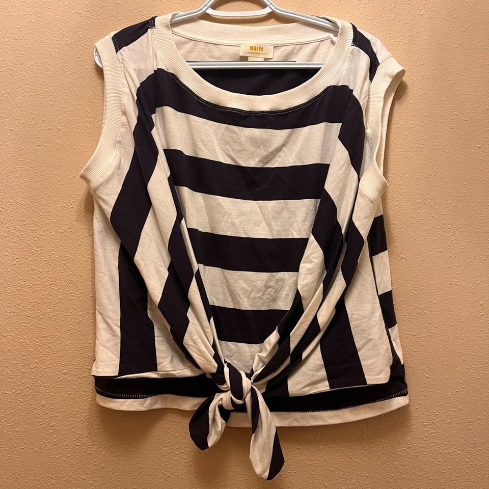 Anthropologie Maeve tie front wrap tee navy and white striped size