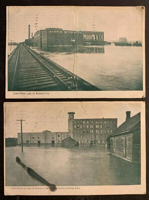 1908 KANSAS CITY FLOOD POSTCARDS SENT DAYS AFTER USS NEBRASKA Great White Fleet