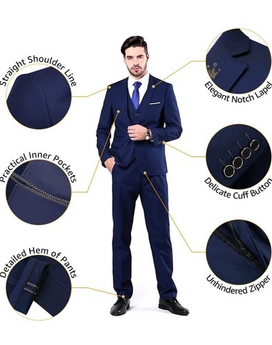 MYS Men's 3 Piece Slim Fit Suit Set, One Button Solid Jacket Vest Pants with Tie - Picture 6 of 9