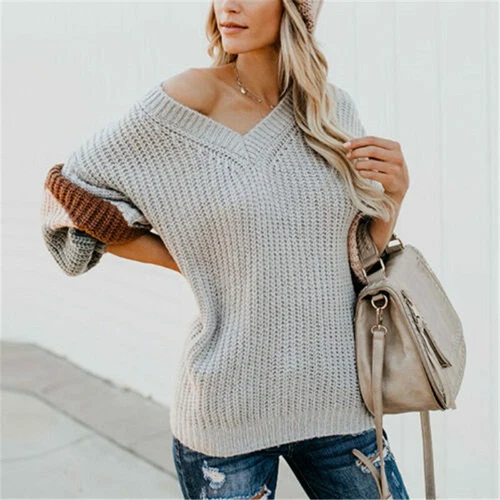 Pullover Ladies V-Neck Jumper Batwing Knit Blouse Stripe Sweater Womens Tops - Picture 10 of 17