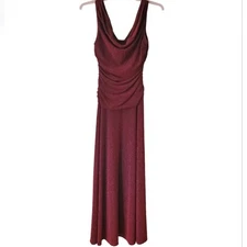 Night Way Womans Metallic Burgundy Ruched Stretchy Floor Length Gown Size 10