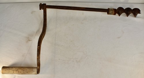 Antique Primitive Hand Drill Auger Iron Metal Wood Handle Americana