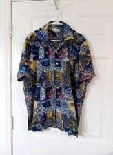 Vtg Palmera Men's Large Navy Blue Tribal Hawaiian Camp Shirt 100 Polyester