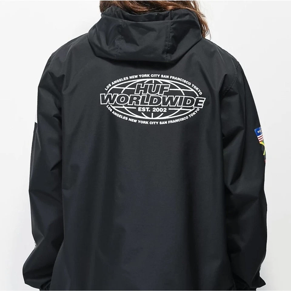 Chaqueta cortavientos HUF Worldwide Flag Anorak negra media cremallera ropa de calle grande  Foto 2 de 4