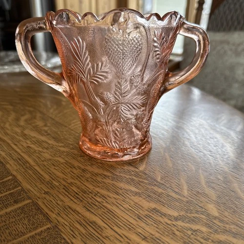 Vintage Fenton Pink Depression Glass Strawberry Double Handle Vase Art Glass 5"H