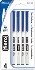 BAZIC Fiero Fiber Tip Pen Fineliner Pens 0.4mm Blue Color Extra Fine Point 4 pcs
