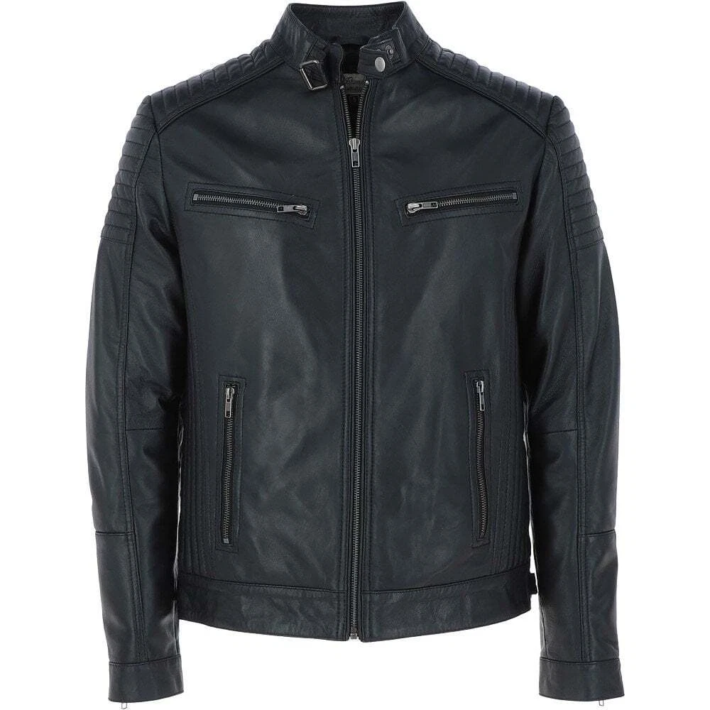 Men's Biker Leather Jacket Genuine Leather Zipped Motorbike Style Leather Coat