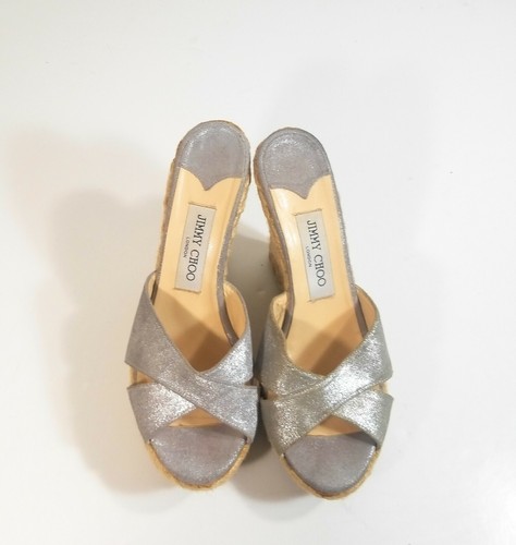 Jimmy Choo Women Shoes Espadrille Slides Shiny Silver Wedge Sandals Size 38 - Picture 7 of 11