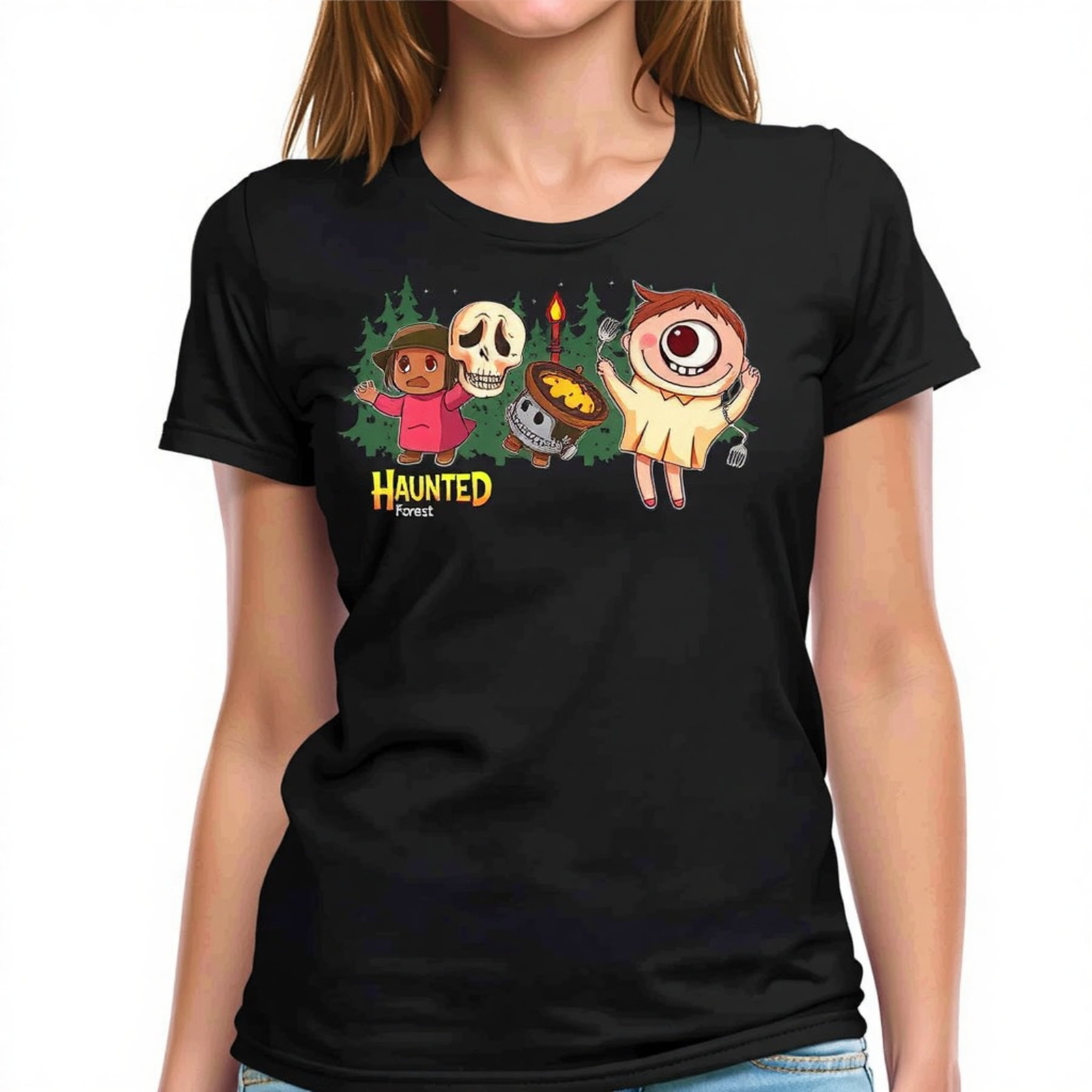 Haunted Forest Graphic T-Shirt for Women - Spooky Cartoon Character