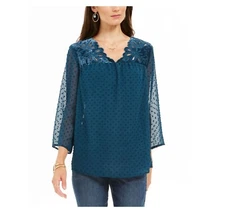 Style & Co Womens M Green Mixed Media Sheer Sleeve Blouse with Camisole NWT