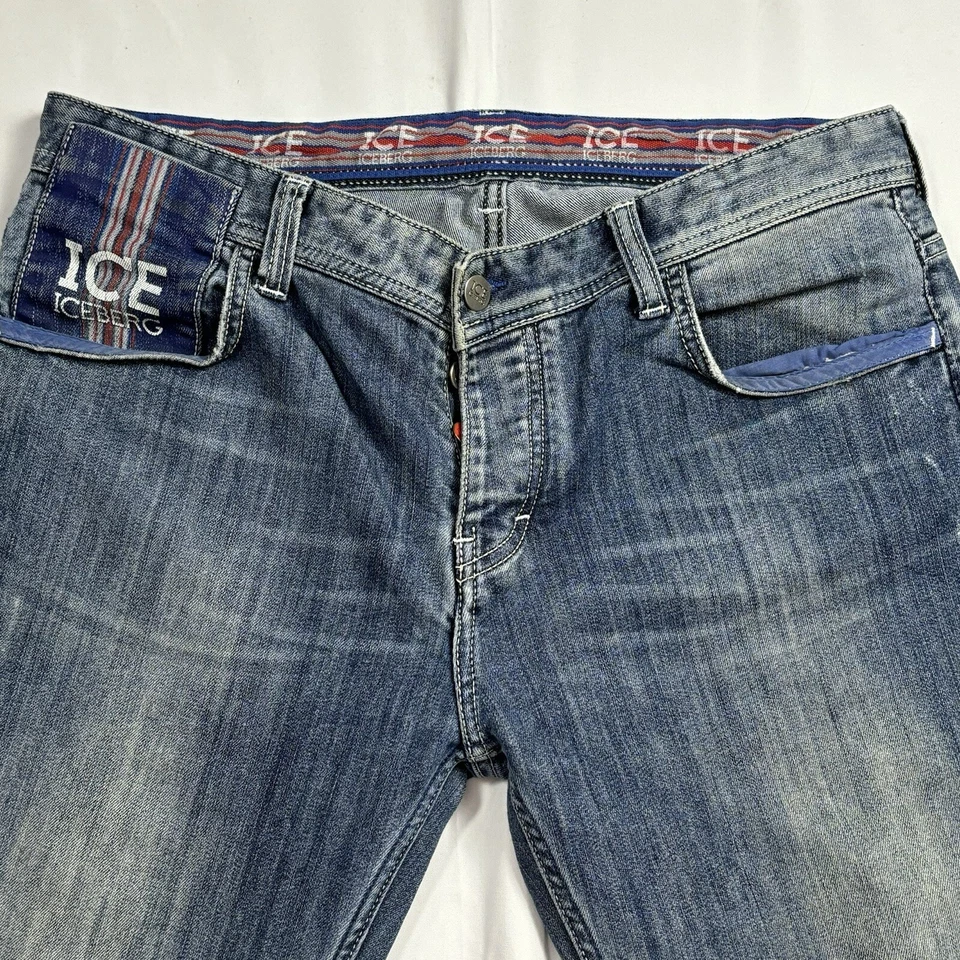 VTG Y2K ICE Iceberg Mens Sz 33 (35x34) Blue Denim Jeans Logo Straight Gilmar - Image 4 of 4