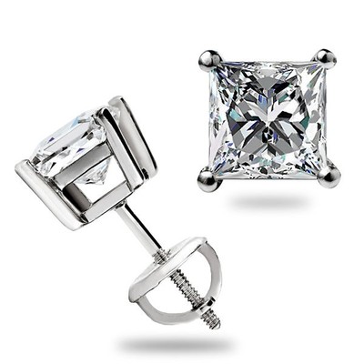 1.55 Ct GRA Moissanite Princess Cut Stud Earrings 14k White Gold Screw back New