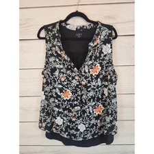 Loft Outlet Women's Black Floral Print V-Neck Sleeveless Blouse Top Size Large