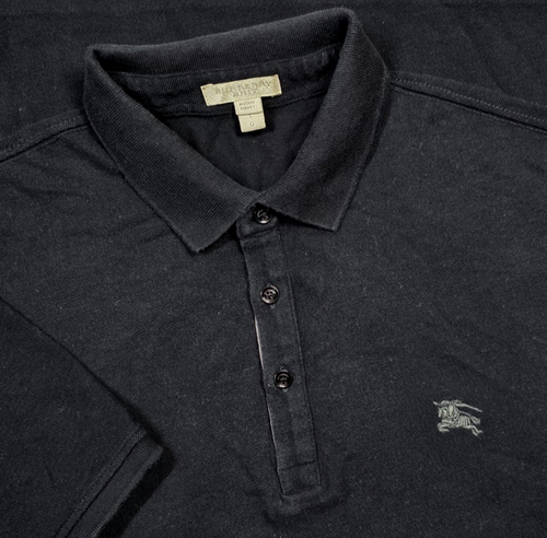 Burberry Brit Poloshirt Herren L Schwarz Kurzarm Bestickt Ritter Logo Piqué