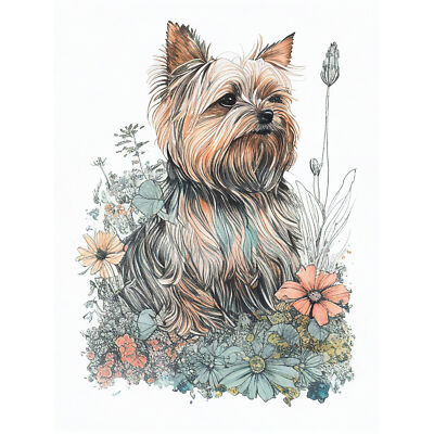 Yorkshire Terrier Dog Wildflowers Bright Wall Art Canvas Picture Print 18X24