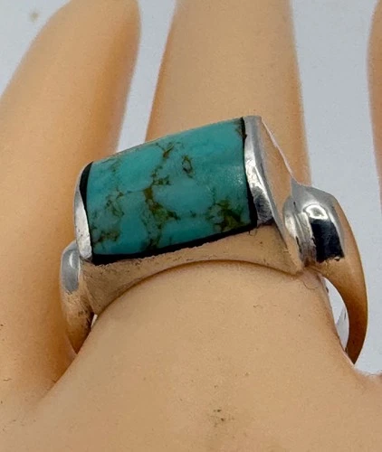 Vtg Mexico Sterling Silver & Turquoise 3-D Modernist Sz 8.75 12 Grams TAXCO