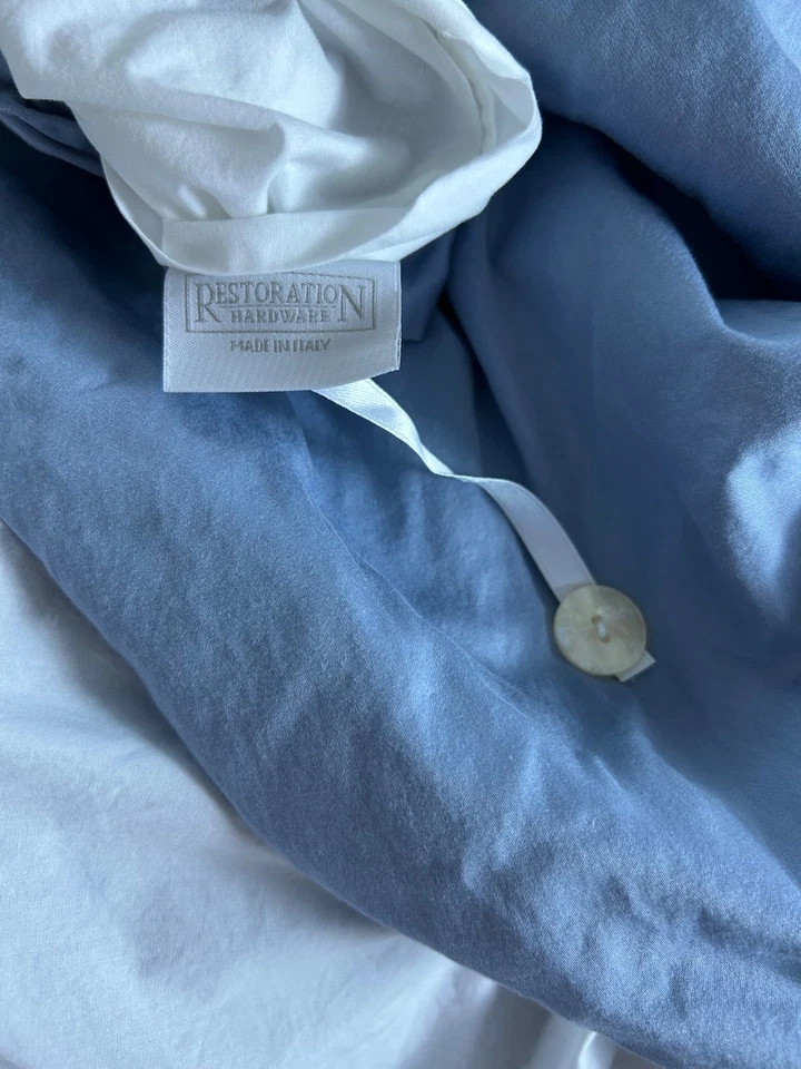 RESTORATION HARDWARE QUEEN Duvet Cover Blue White Brown Satin Stitch Italy 86x84 - Image 4 of 4