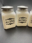 VTG White Milk Glass Spice Jars Shakers W/ Lids Allspice, Mustard, & Ginger