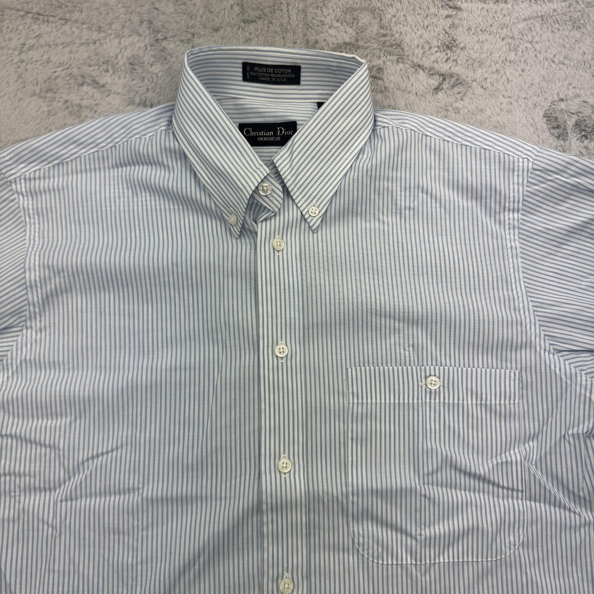VINTAGE Christian Dior Shirt Mens 15 32-33 Blue Stripe Button Down