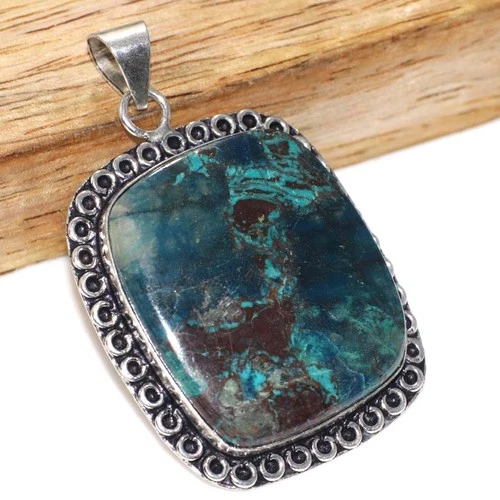 Chrysocolla 925 Silver Plated Pendant 2" Handmade Gemstone Jewelry Trendy GW