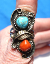 STERLING SILVER CORAL TURQUOISE WIDE RING SOUTHWEST VINTAGE SIZE 8.5 11.3 GRAMS
