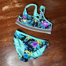 Girls Two-Piece Tropical Floral Swimsuit Size 10 With Striped Band Accents