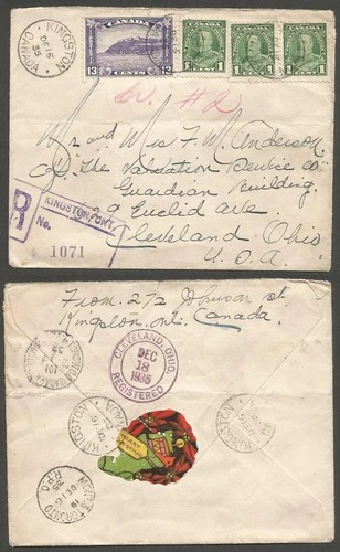 1935 Tied Xmas Label on Registered Cover 16c Quebec #201 RPO(2) CDS Kingston Ont
