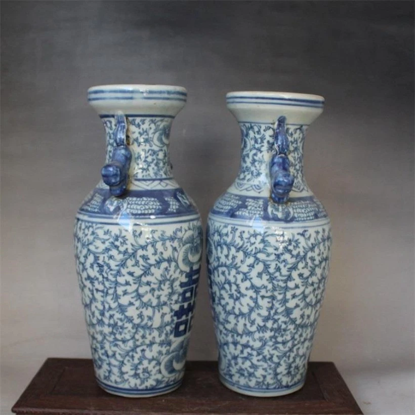 Un par de jarrón de porcelana azul y blanco antiguo de China doble felicidad Foto 2 de 4