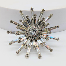 Vtg Silver Tone Clear Rhinestone Atomic Starburst Snowflake Brooch Pin 2.5"